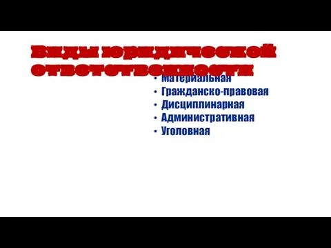 Материальная Гражданско-правовая Дисциплинарная Административная Уголовная Виды юридической ответственности