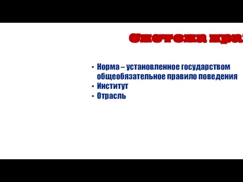 Норма – установленное государством общеобязательное правило поведения Институт Отрасль Система права