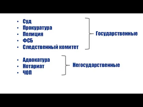 Суд Прокуратура Полиция ФСБ Следственный комитет Адвокатура Нотариат ЧОП Государственные Негосударственные