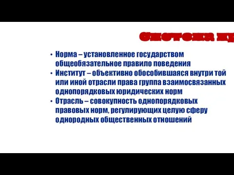 Норма – установленное государством общеобязательное правило поведения Институт – объективно обособившаяся