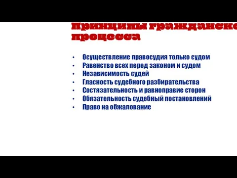 Принципы гражданского процесса Осуществление правосудия только судом Равенство всех перед законом