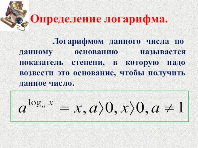 Определение логарифма. Логарифмом данного числа по данному основанию называется показатель степени,