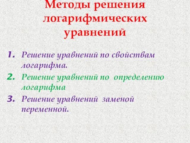 Методы решения логарифмических уравнений Решение уравнений по свойствам логарифма. Решение уравнений