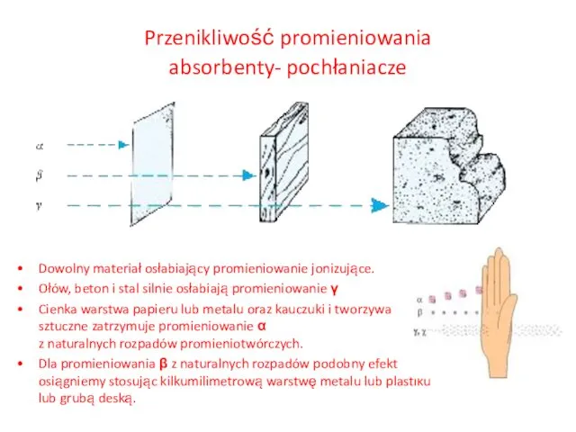 Przenikliwość promieniowania absorbenty- pochłaniacze Dowolny materiał osłabiający promieniowanie jonizujące. Ołów, beton