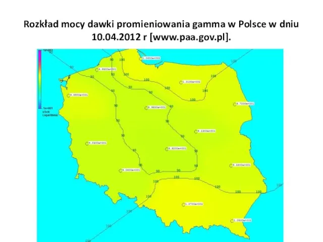 Rozkład mocy dawki promieniowania gamma w Polsce w dniu 10.04.2012 r [www.paa.gov.pl].