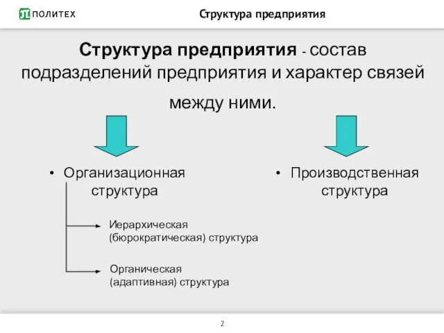 Структура предприятия Структура предприятия - состав подразделений предприятия и характер связей