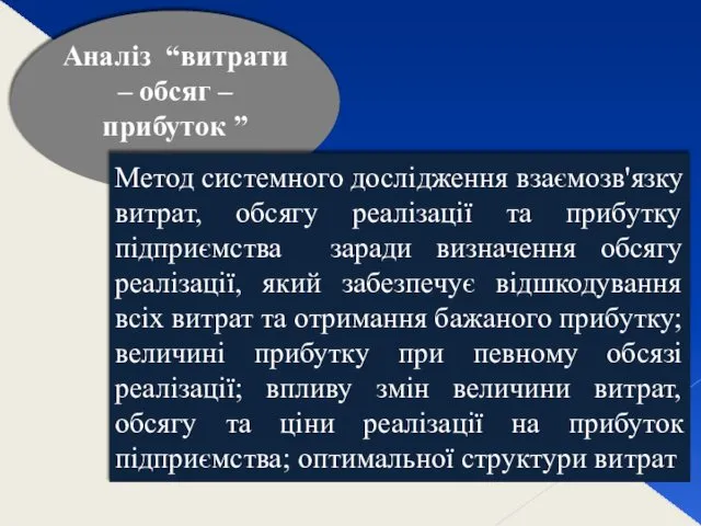 Аналіз “витрати – обсяг – прибуток ” Метод системного дослідження взаємозв'язку