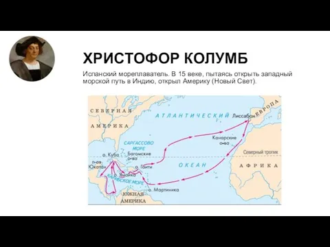 ХРИСТОФОР КОЛУМБ Испанский мореплаватель. В 15 веке, пытаясь открыть западный морской