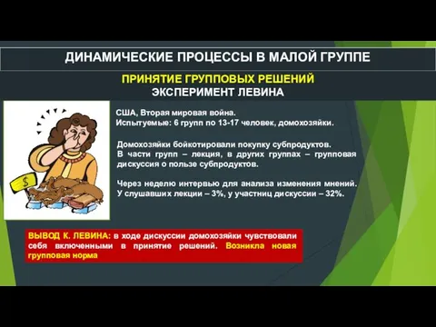 ДИНАМИЧЕСКИЕ ПРОЦЕССЫ В МАЛОЙ ГРУППЕ ПРИНЯТИЕ ГРУППОВЫХ РЕШЕНИЙ ЭКСПЕРИМЕНТ ЛЕВИНА США,