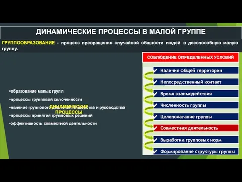 ДИНАМИЧЕСКИЕ ПРОЦЕССЫ В МАЛОЙ ГРУППЕ ГРУППООБРАЗОВАНИЕ - процесс превращения случайной общности