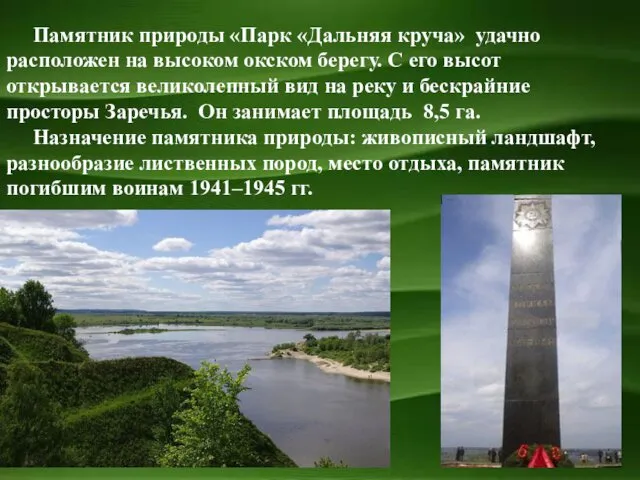 Памятник природы «Парк «Дальняя круча» удачно расположен на высоком окском берегу.