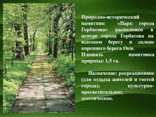 Природно-исторический памятник «Парк города Горбатова» расположен в центре города Горбатова на