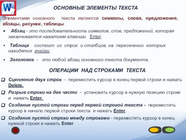 ОСНОВНЫЕ ЭЛЕМЕНТЫ ТЕКСТА Элементами основного текста являются символы, слова, предложения, абзацы,