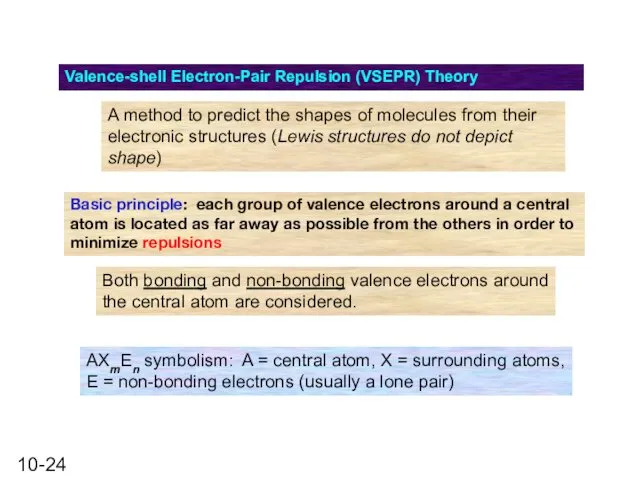 Valence-shell Electron-Pair Repulsion (VSEPR) Theory A method to predict the shapes