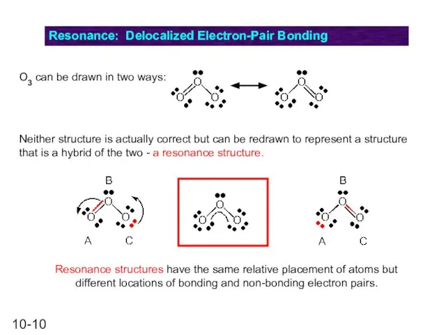 Resonance: Delocalized Electron-Pair Bonding Resonance structures have the same relative placement