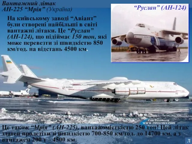 Вантажний літак АН-225 “Мрія” (Україна) На київському заводі “Авіант” були створені