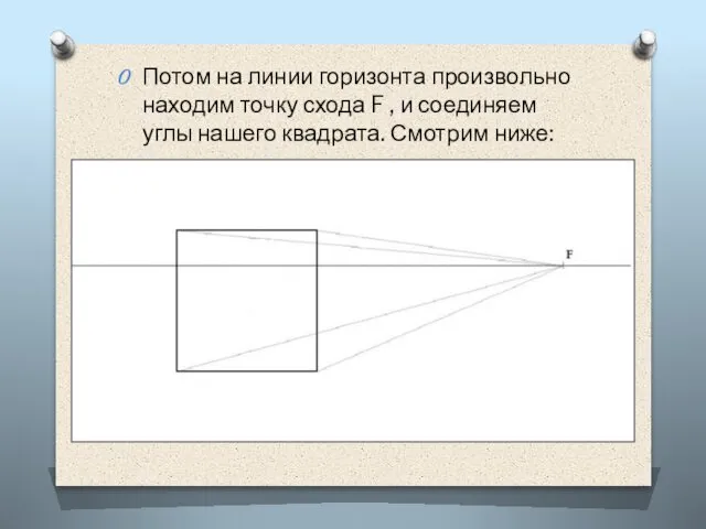 Потом на линии горизонта произвольно находим точку схода F , и