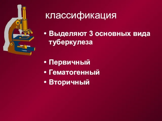 классификация Выделяют 3 основных вида туберкулеза Первичный Гематогенный Вторичный