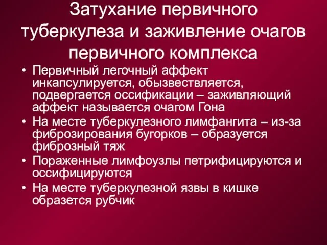 Затухание первичного туберкулеза и заживление очагов первичного комплекса Первичный легочный аффект