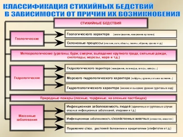 СТИХИЙНЫЕ БЕДСТВИЯ Геологического характера (землетрясения, извержения вулканов) Склоновые процессы (оползни, сели,