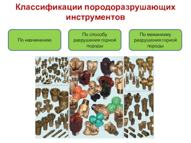 Классификации породоразрушающих инструментов По назначению По способу разрушения горной породы По механизму разрушения горной породы