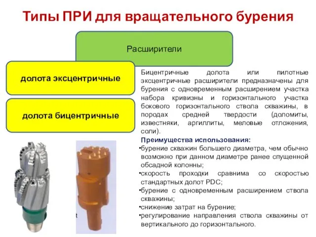 Типы ПРИ для вращательного бурения Расширители долота эксцентричные долота бицентричные Бицентричные