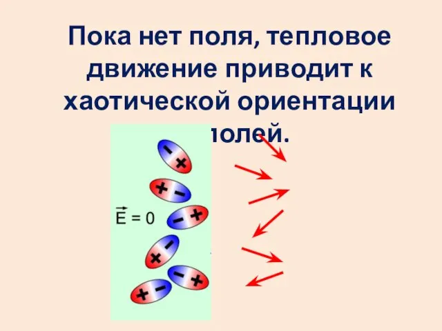 Пока нет поля, тепловое движение приводит к хаотической ориентации диполей.