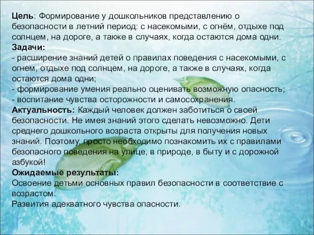 Цель: Формирование у дошкольников представлению о безопасности в летний период: с