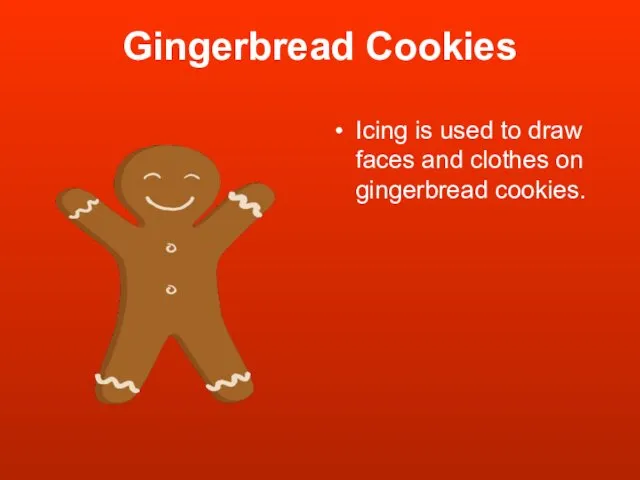 Gingerbread Cookies Icing is used to draw faces and clothes on gingerbread cookies.