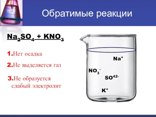 Обратимые реакции Na2SO4 + KNO3 Na+ SO42- K+ NO3- 1.Нет осадка