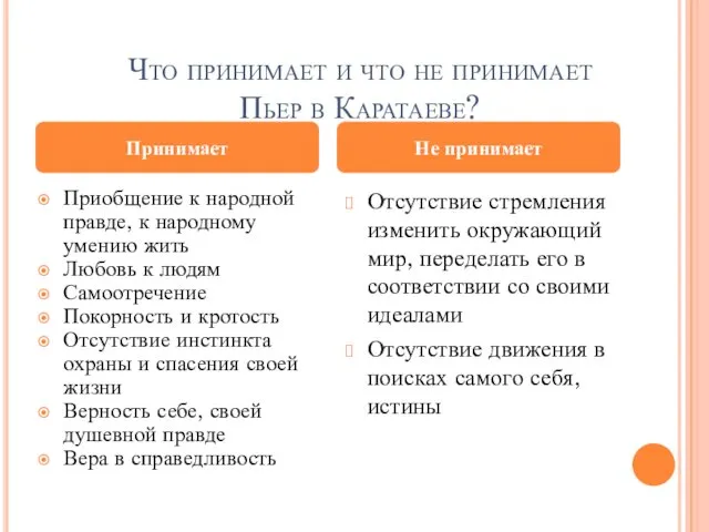 Что принимает и что не принимает Пьер в Каратаеве? Приобщение к