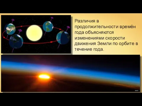 Различия в продолжительности времён года объясняются изменениями скорости движения Земли по орбите в течение года. NASA