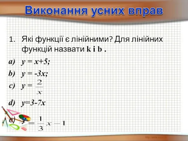 Які функції є лінійними? Для лінійних функцій назвати k і b