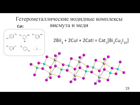 Гетерометаллические иодидные комплексы висмута и меди 2BiI3 + 2CuI + 2CatI = Cat2[Bi2Cu2I10] Cat: