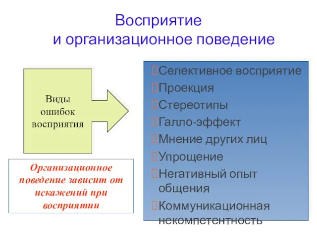 Восприятие и организационное поведение Селективное восприятие Проекция Стереотипы Галло-эффект Мнение других