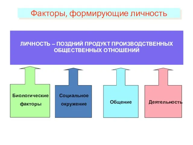 Факторы, формирующие личность ЛИЧНОСТЬ – ПОЗДНИЙ ПРОДУКТ ПРОИЗВОДСТВЕННЫХ ОБЩЕСТВЕННЫХ ОТНОШЕНИЙ Биологические факторы Социальное окружение Общение Деятельность