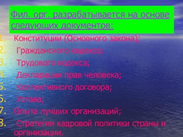 Фил. орг. разрабатывается на основе следующих документов: Конституции (Основного закона); Гражданского