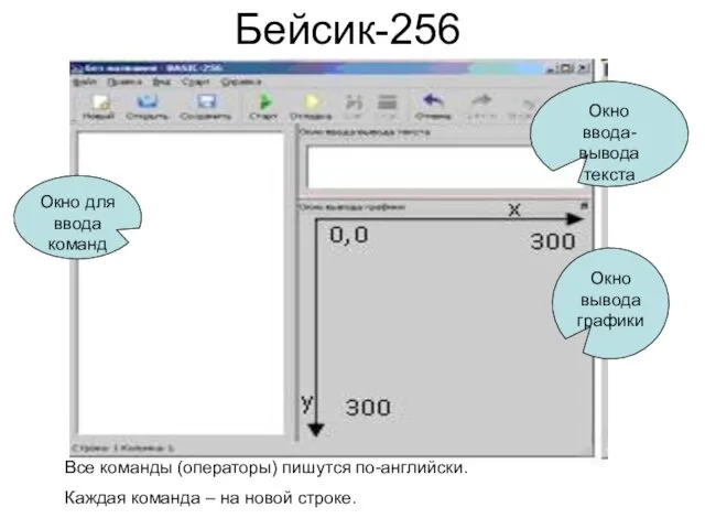 Бейсик-256 Окно для ввода команд Окно ввода-вывода текста Окно вывода графики