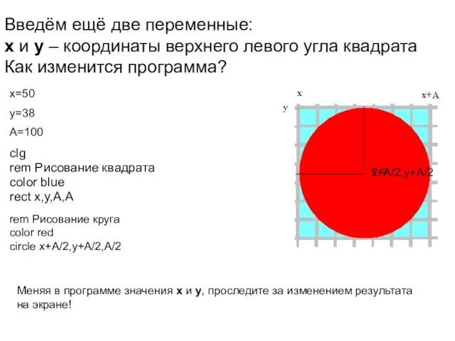 Введём ещё две переменные: x и y – координаты верхнего левого