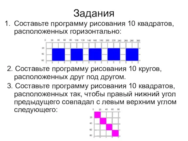 Задания Составьте программу рисования 10 квадратов, расположенных горизонтально: 2. Составьте программу