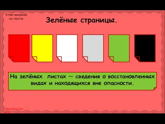 Зелёные страницы. На зелёных листах — сведения о восстановленных видах и