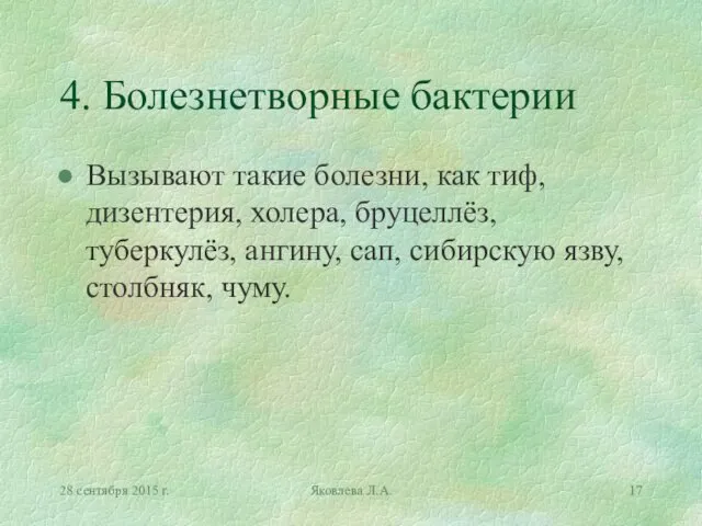 28 сентября 2015 г. Яковлева Л.А. 4. Болезнетворные бактерии Вызывают такие