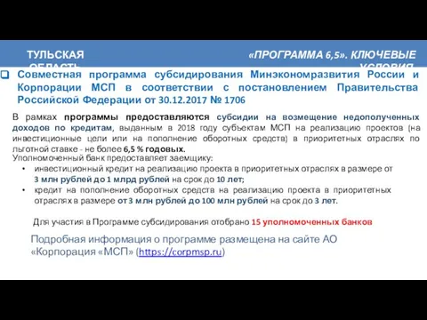 ТУЛЬСКАЯ ОБЛАСТЬ «ПРОГРАММА 6,5». КЛЮЧЕВЫЕ УСЛОВИЯ. Совместная программа субсидирования Минэкономразвития России