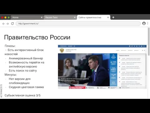 Правительство России Плюсы: - Есть интерактивный блок новостей Анимированный баннер Возможность