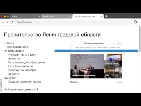 Правительство Ленинградской области Плюсы: - Есть версия для слабовидящих Интерактивный блок