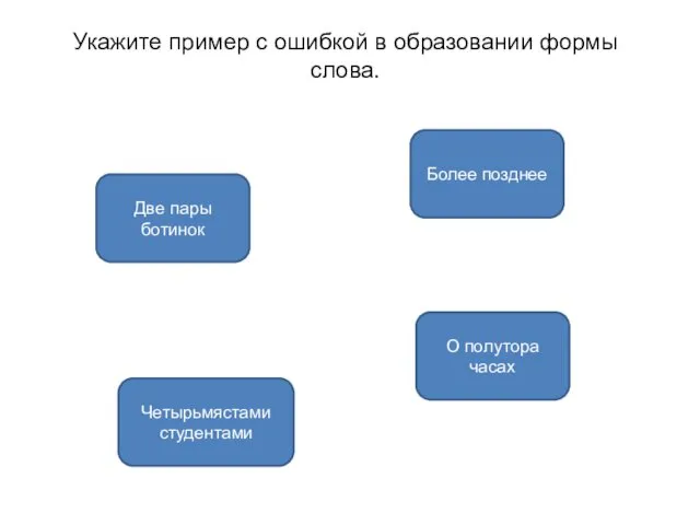 Более позднее Две пары ботинок Четырьмястами студентами Укажите пример с ошибкой