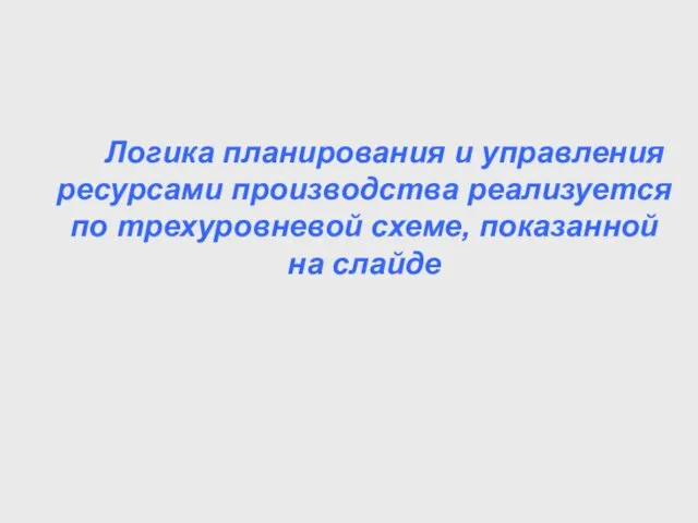 Логика планирования и управления ресурсами производства реализуется по трехуровневой схеме, показанной на слайде