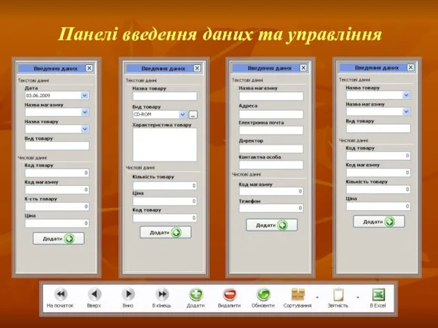 Панелі введення даних та управління