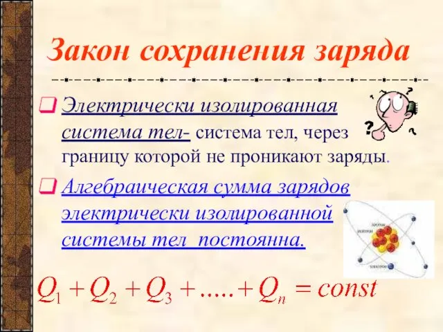 Закон сохранения заряда Электрически изолированная система тел- система тел, через границу