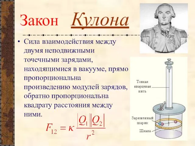 Закон Кулона Сила взаимодействия между двумя неподвижными точечными зарядами, находящимися в